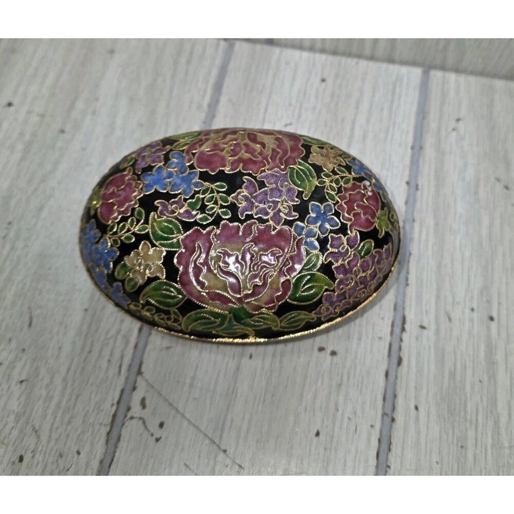 Vintage Cloisonné Trinket Box Floral Enamel Oval Egg Vanity Decor Jewelry Holder